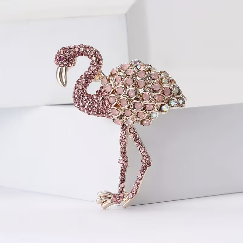 Pink Crystal Flamingo Brooch Pin – Rhinestone Animal Statement Jewelry, Gold Ton
