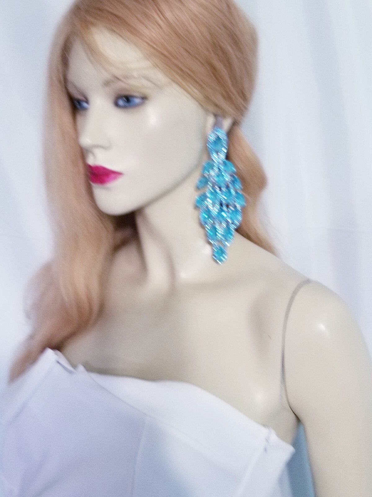 PIERCED Drop Dangle Chandelier Earrings 5.4 inch Aqua Rhinestone Pageant Prom