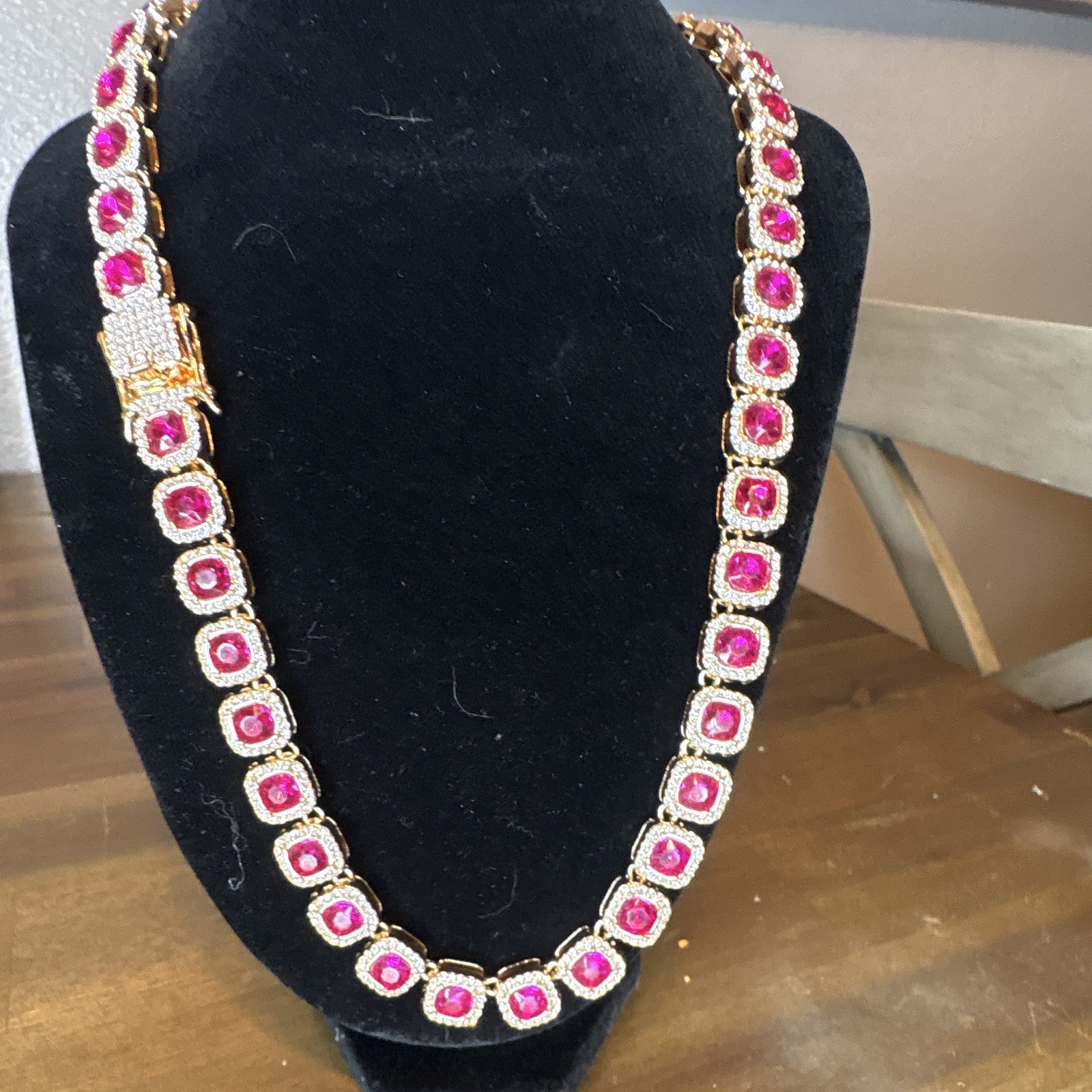 Gold Tone Pink Cushion Stone & Clear Accent Link Statement Necklace Adjustable