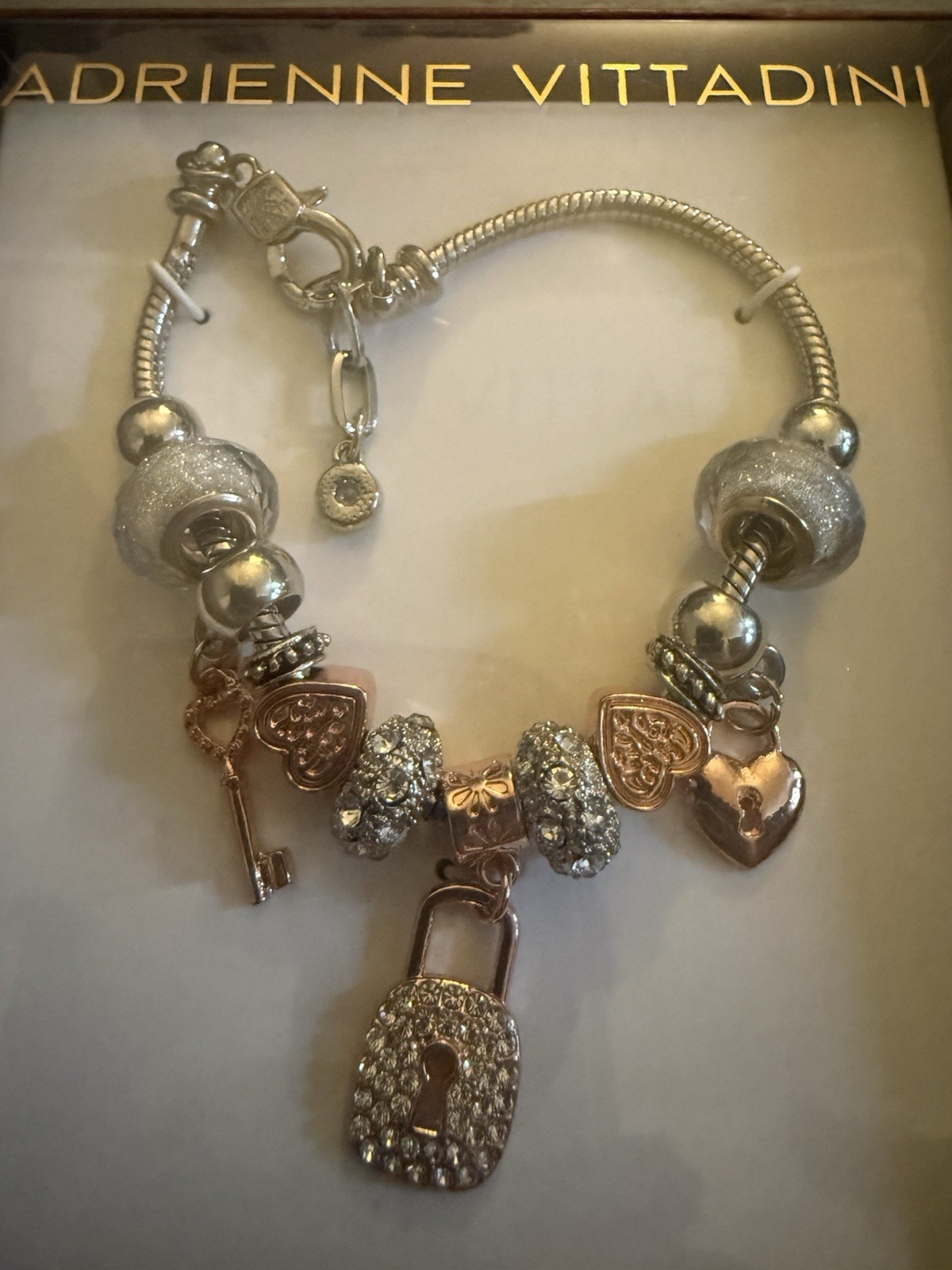 Adrienne Vittadini Silver Tone Snake Chain Charm Bracelet Rose Gold Heart