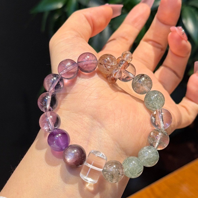 10mm Natural Amethyst Green Phantom Quartz Rutilated Quartz Handmade Bracelet