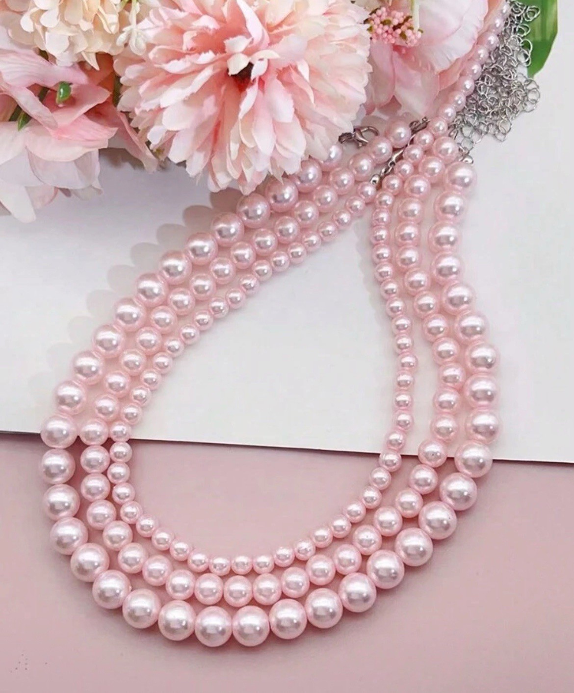 Pink Faux Pearl Necklace 3 Strand Choker Layered Beaded bead Necklace Set