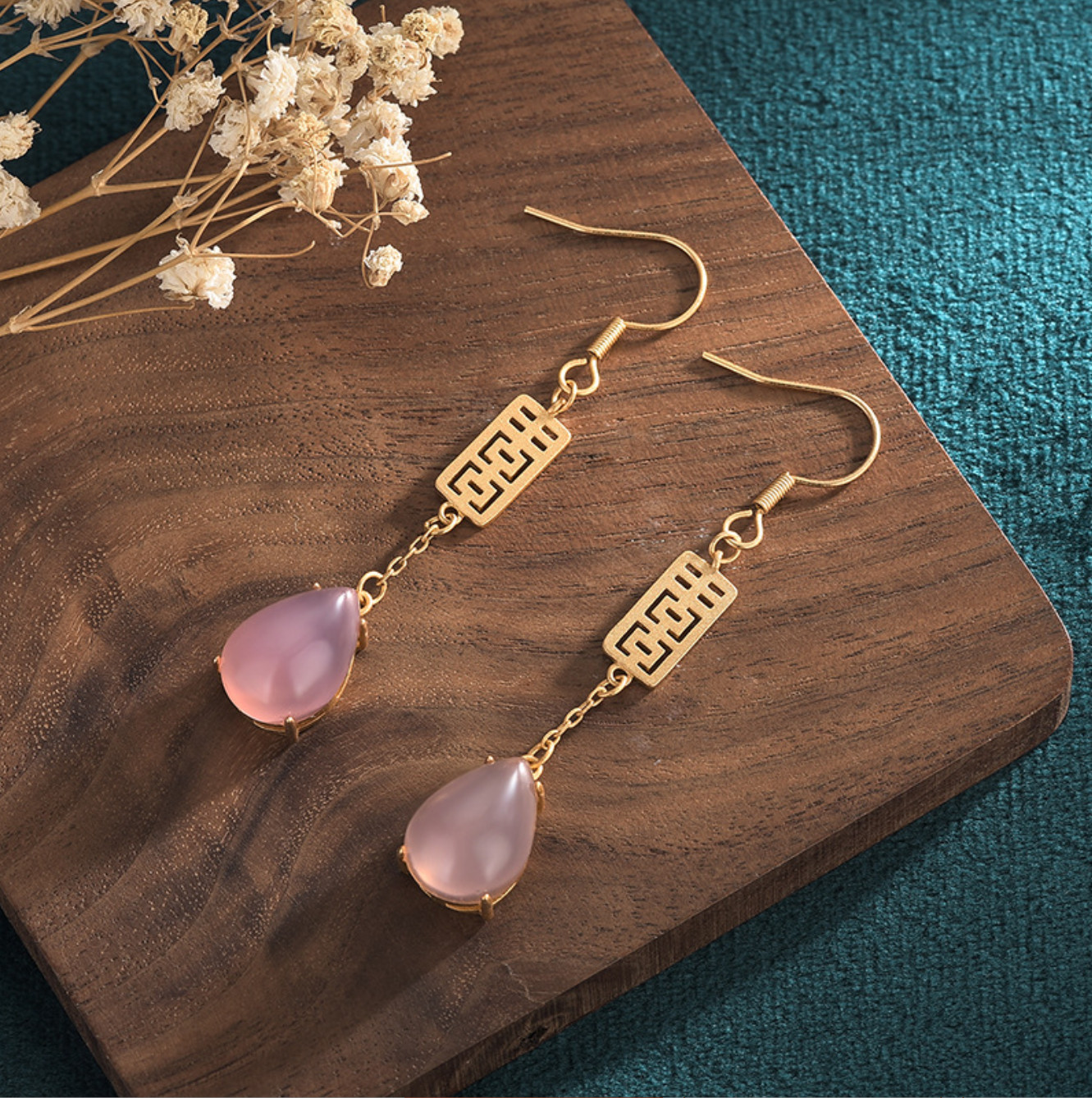 Pink Jade Drop Dangle Boho Earrings Ethnic Teardrop 18K Gold Plated Gemstone