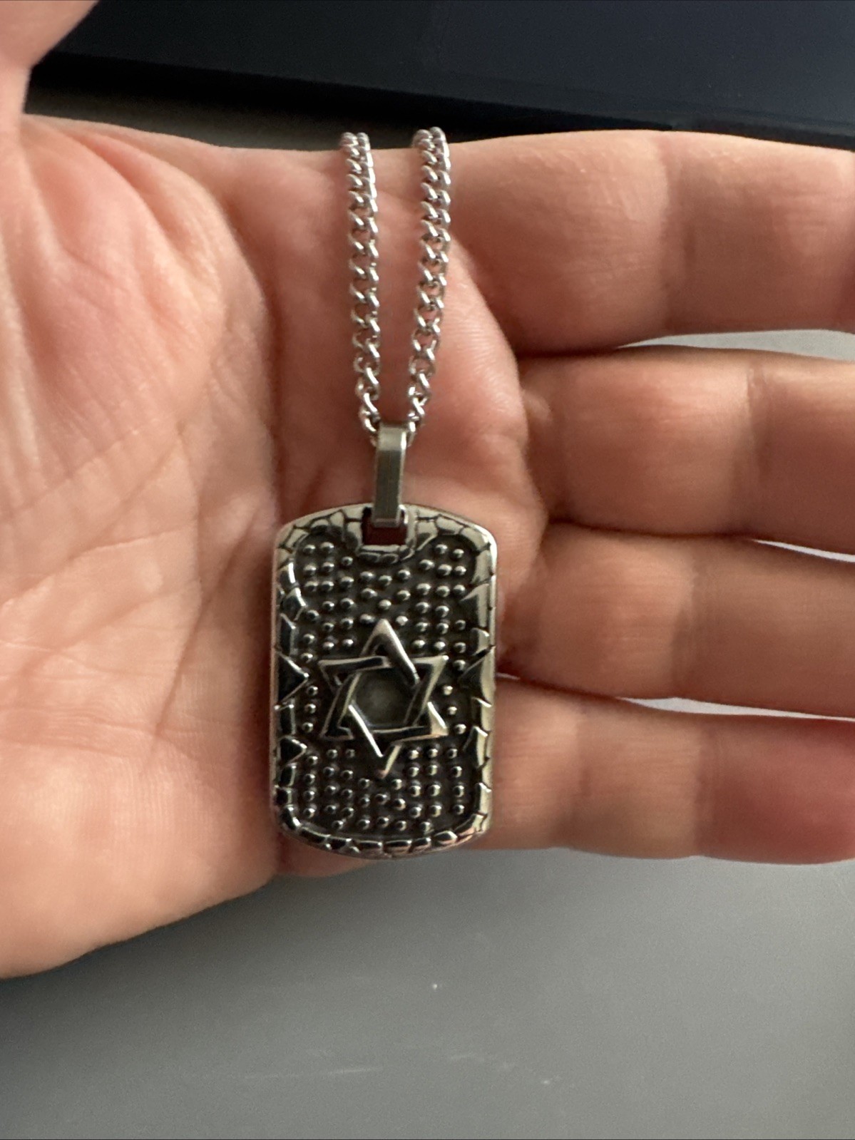 Stainless Steel Star of David Texture Dog Tag Pendant Jewish Chain Necklace Gift