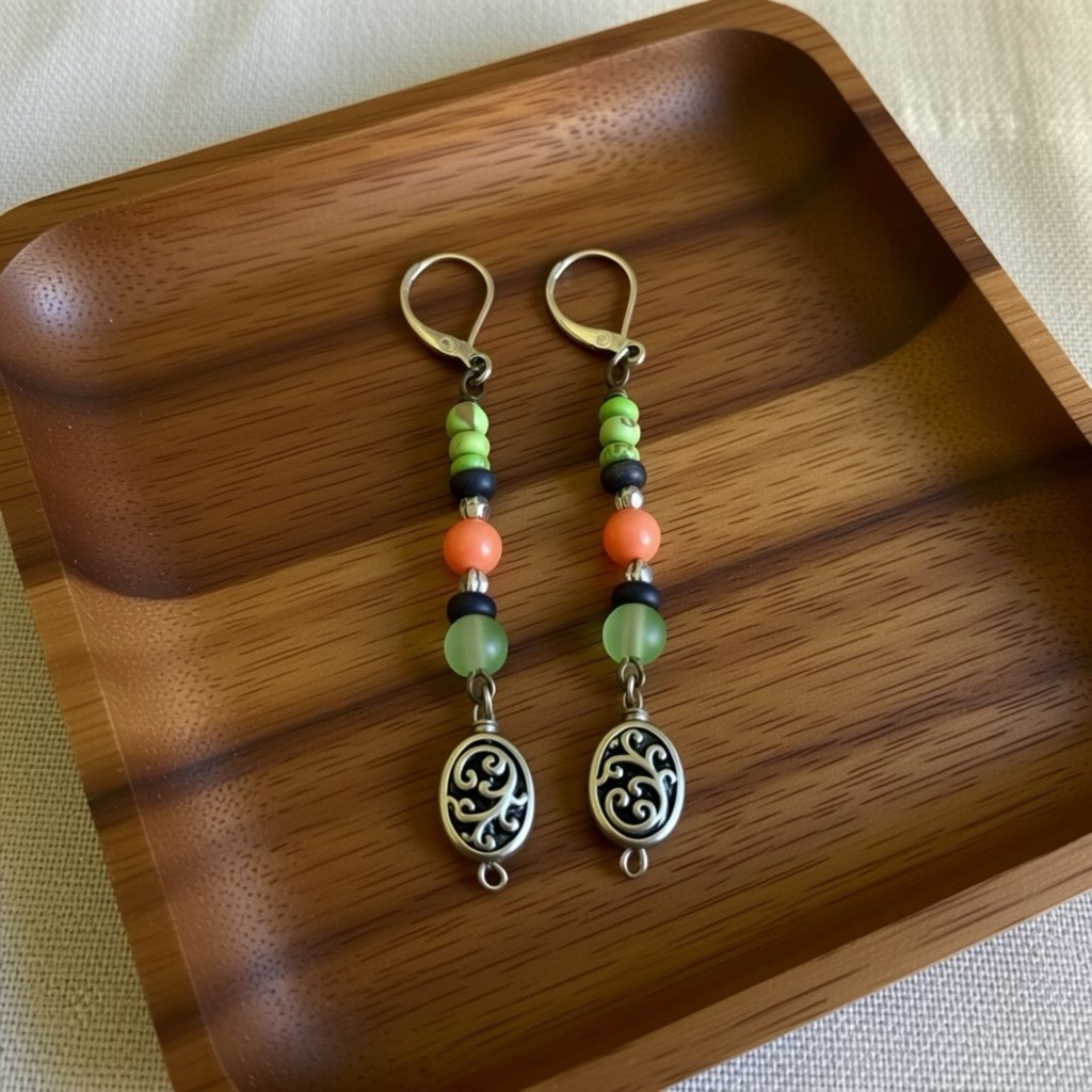 Handmade Salmon Coral Necklace Southwestern Silver Medallion Green Beaded Leathe