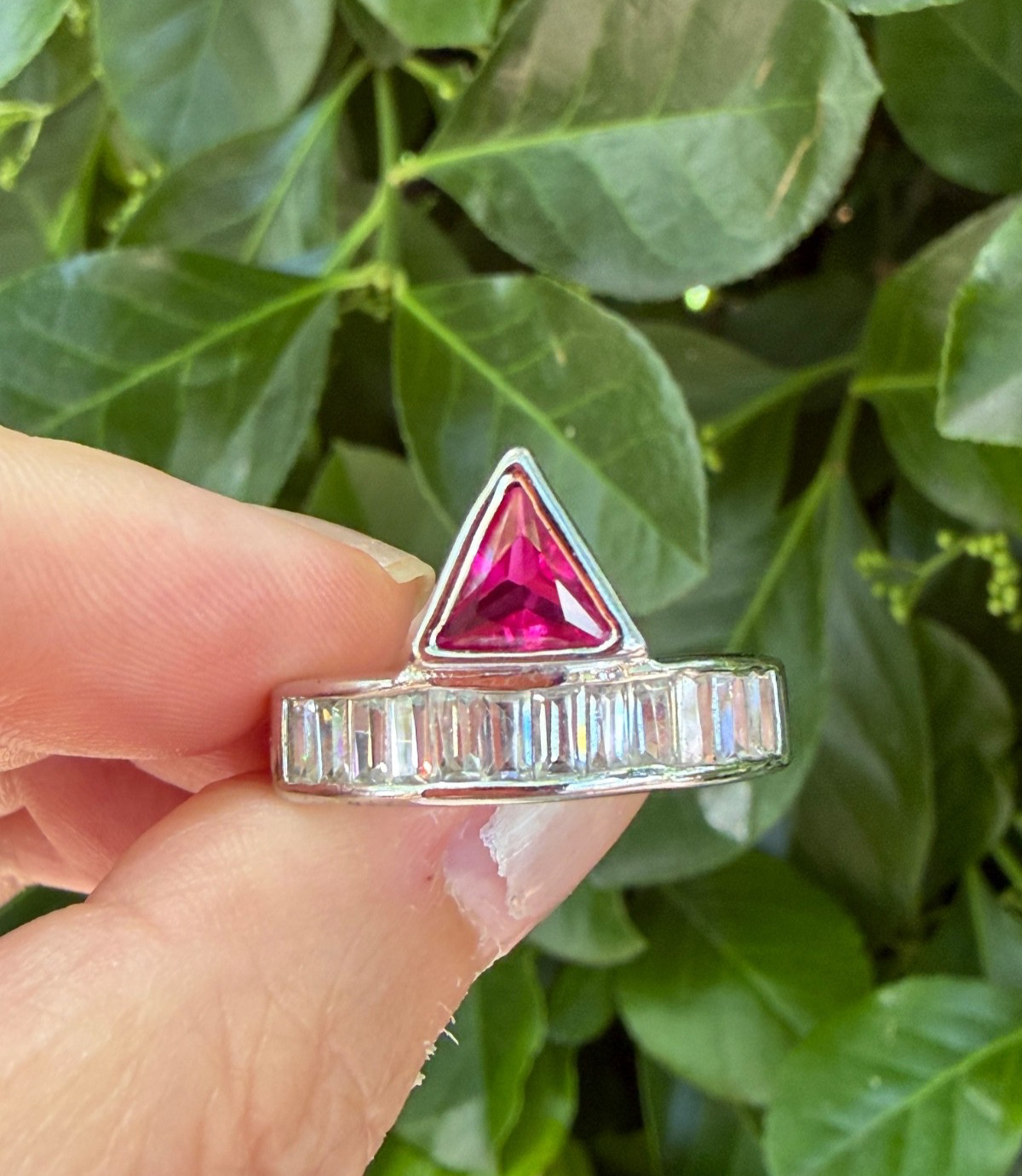 SYNTHETIC RUBY / PINK SAPPHIRE BAGUETTE RHINESTONES GEOMETRIC RING SILVER TONE