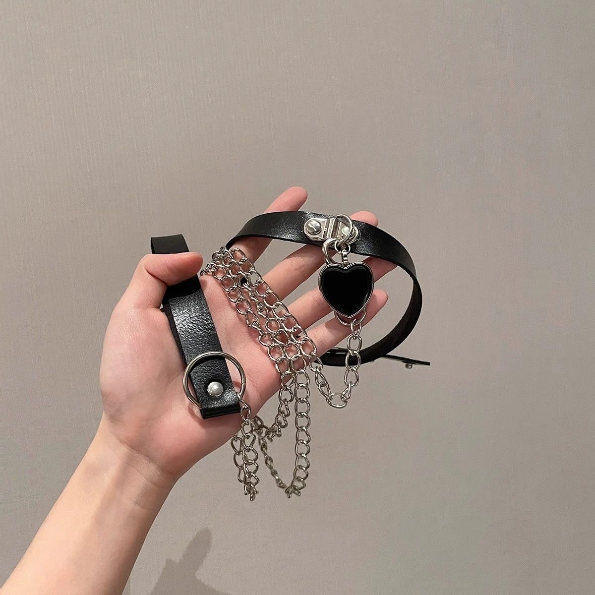 Gothic Faux Leather Choker Set Detachable Chain Leash Bell