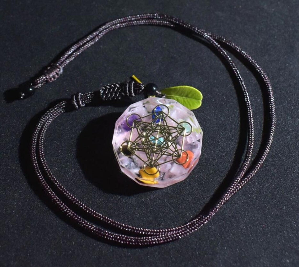 Rose Quartz Orgonite Pendant Necklace 7 Chakra Orgonite Yantra Geometry Necklace