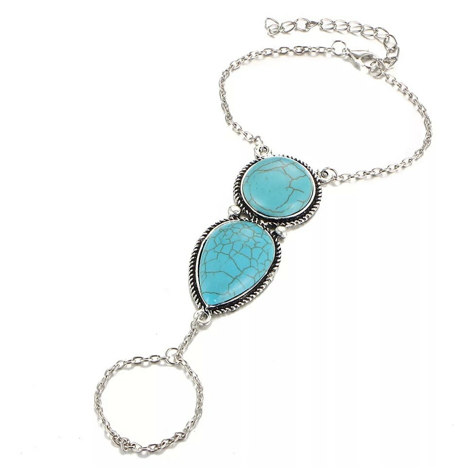 New Bohemian Beach Retro Ethnic Blue Green Stone Fingered Bracelets Hand Jewelry