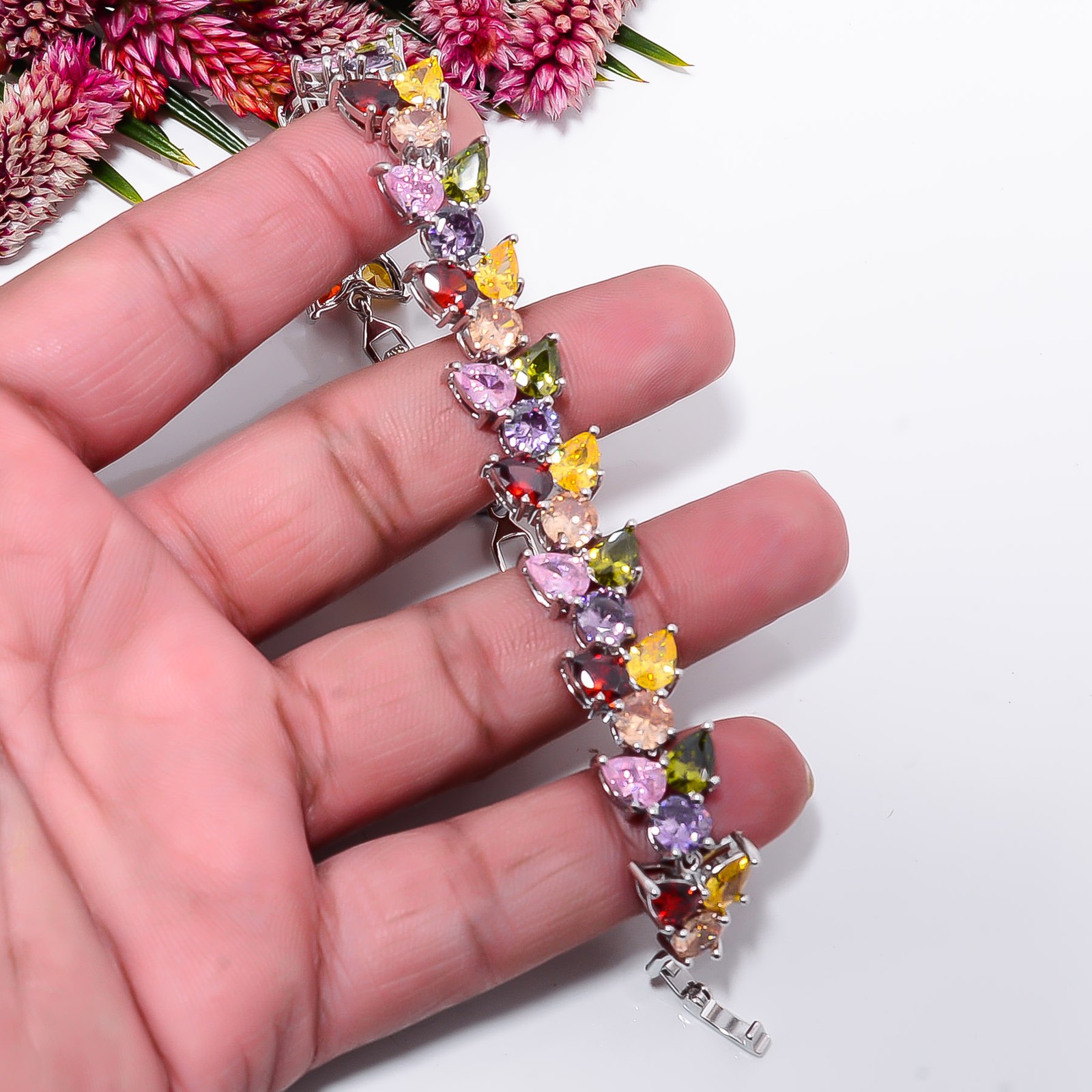 Multi Sapphire -Simulated, CZ 925 Sterling Silver Adjustable Bracelet 7-8″ B530