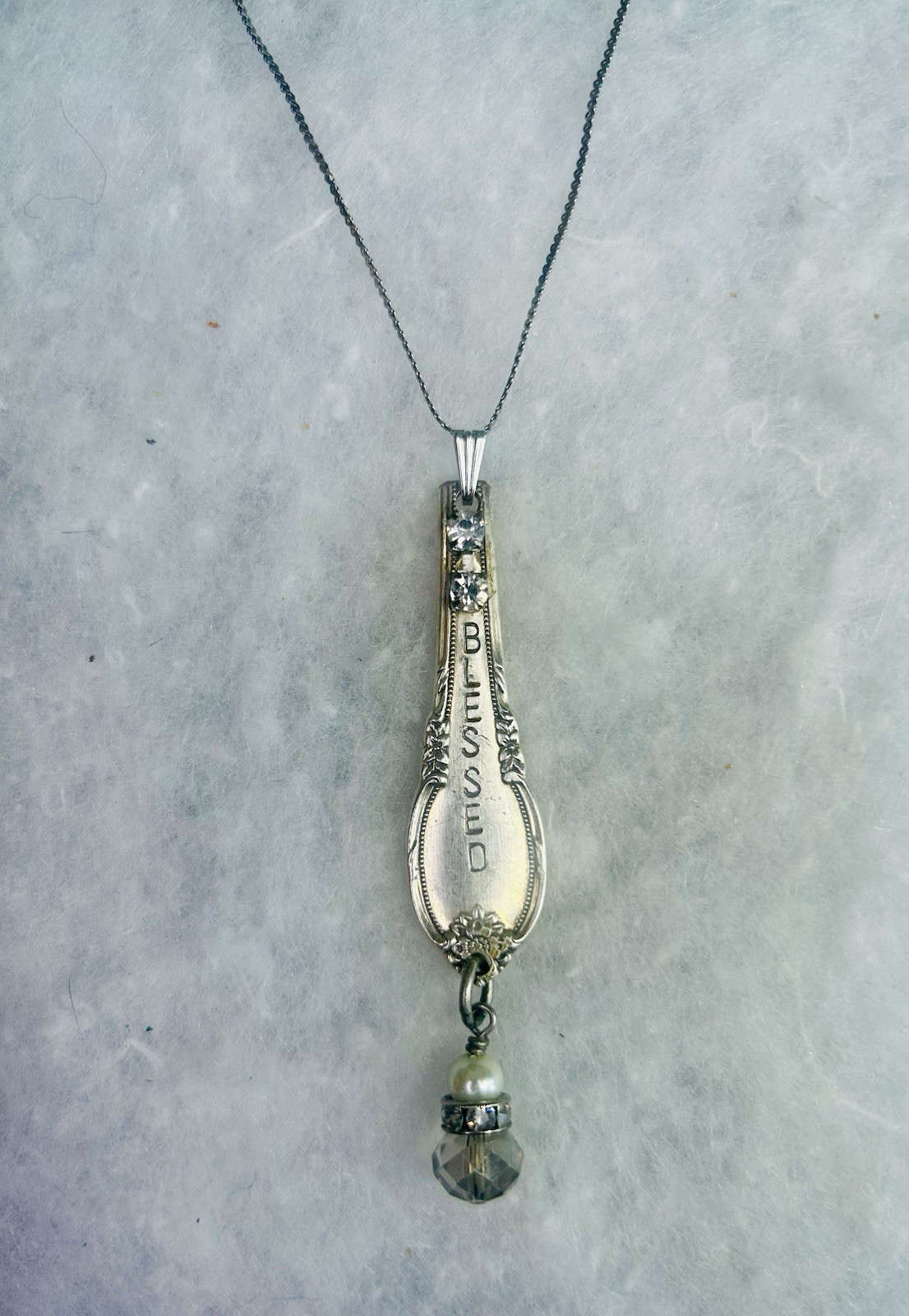 Vintage “Blessed” Spoon Handle Pendant Necklace (c. 1940s–1960s)