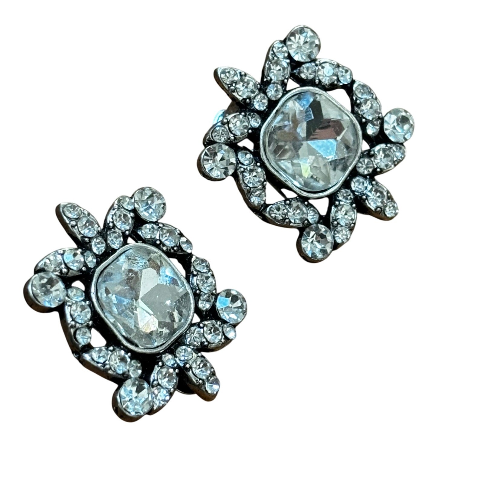 Vintage mid century clip on earrings silver & clear white rhinestones squares