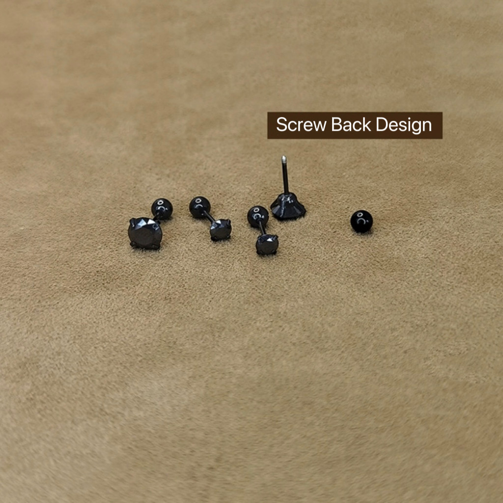 Womens Round Black CZ Crystal Screw Back Earrings Surgical Steel Ear Stud 2Pcs