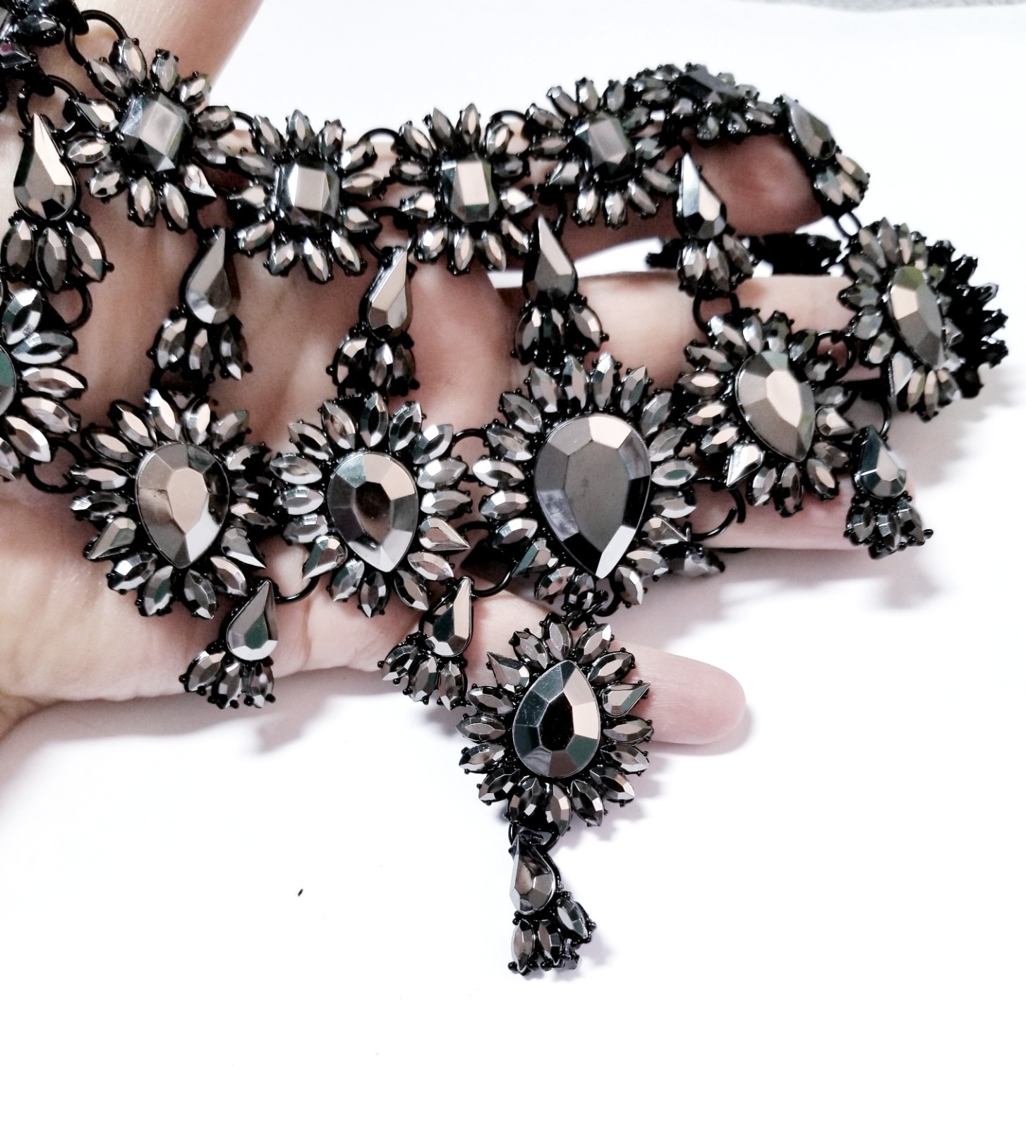 Charcoal Gray Statement Choker Rhinestone Necklace Bridal Prom Pageant Gothic