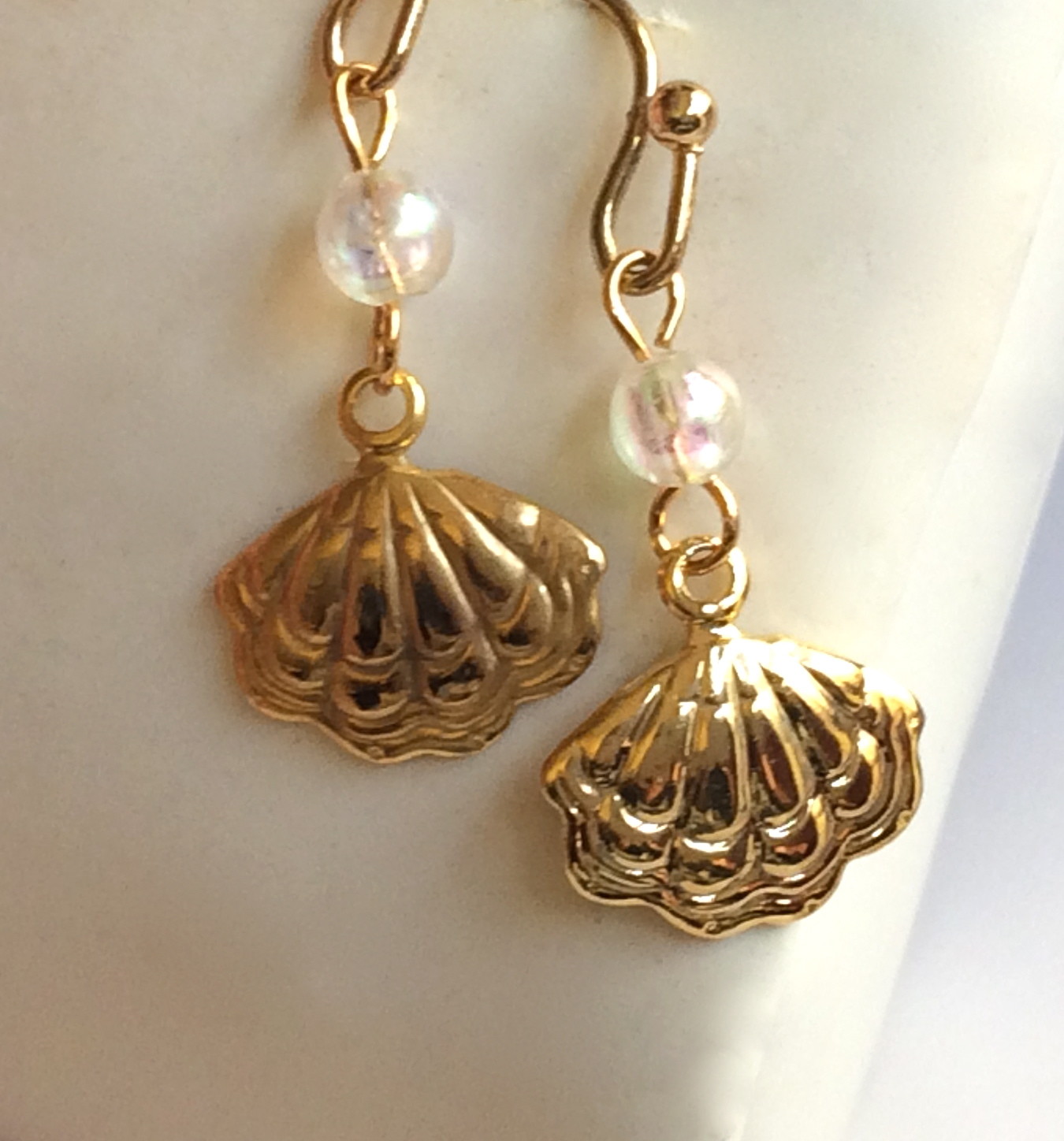 Scallop Shell Earrings Gold Plated Pearl Sea Life Island Beach Pierced Dainty