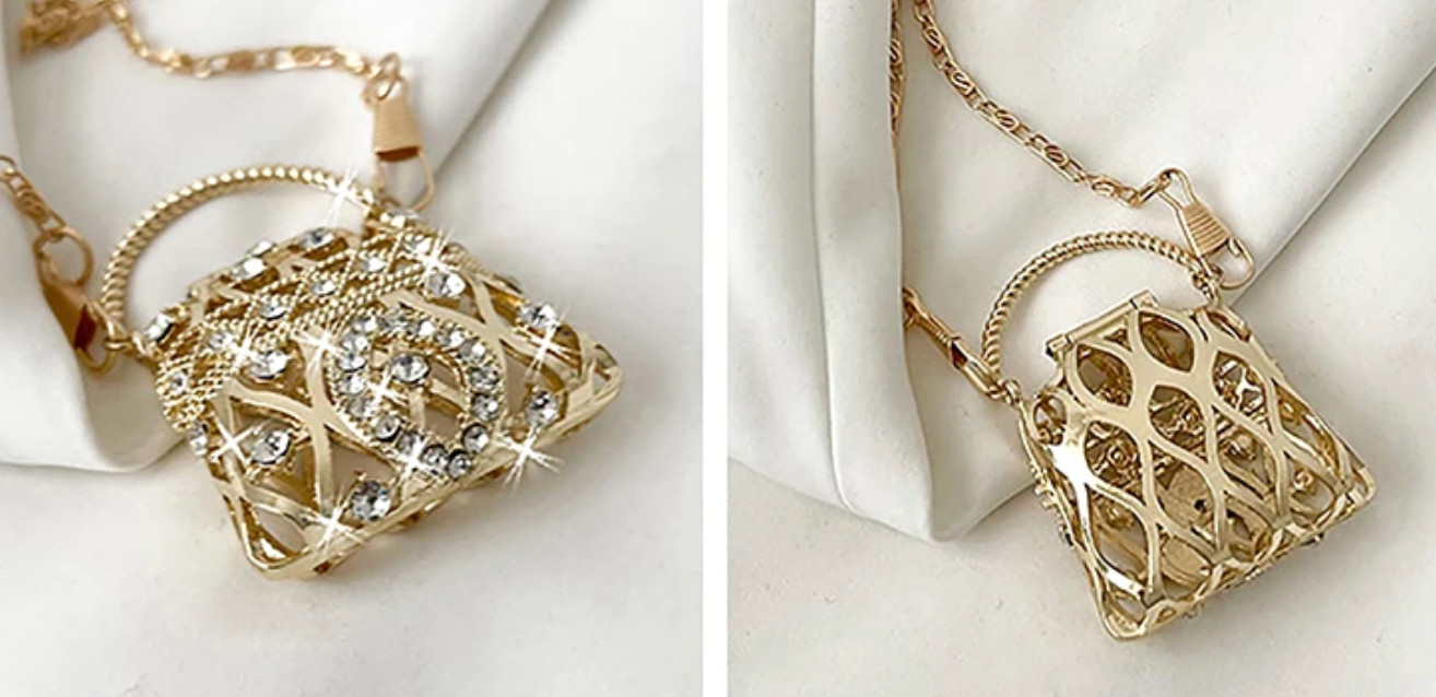 Mini Crystal Purse Pendant Necklace Gold Tone Long Chain Crossbody Handbag Charm