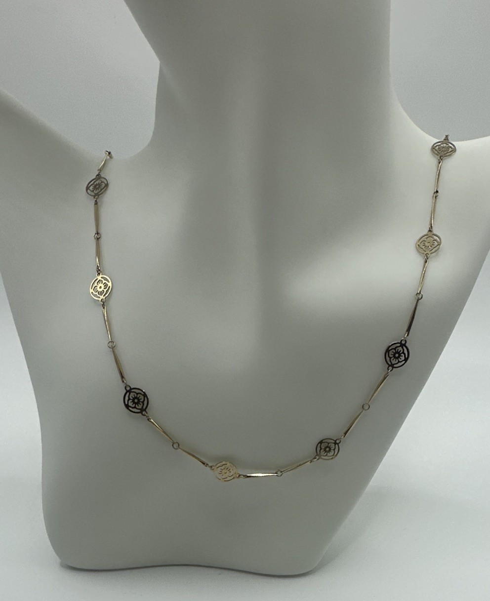 Avon Signed Gold Tone Station Bar Link Chain Necklace, Spring Ring, 19-24 in