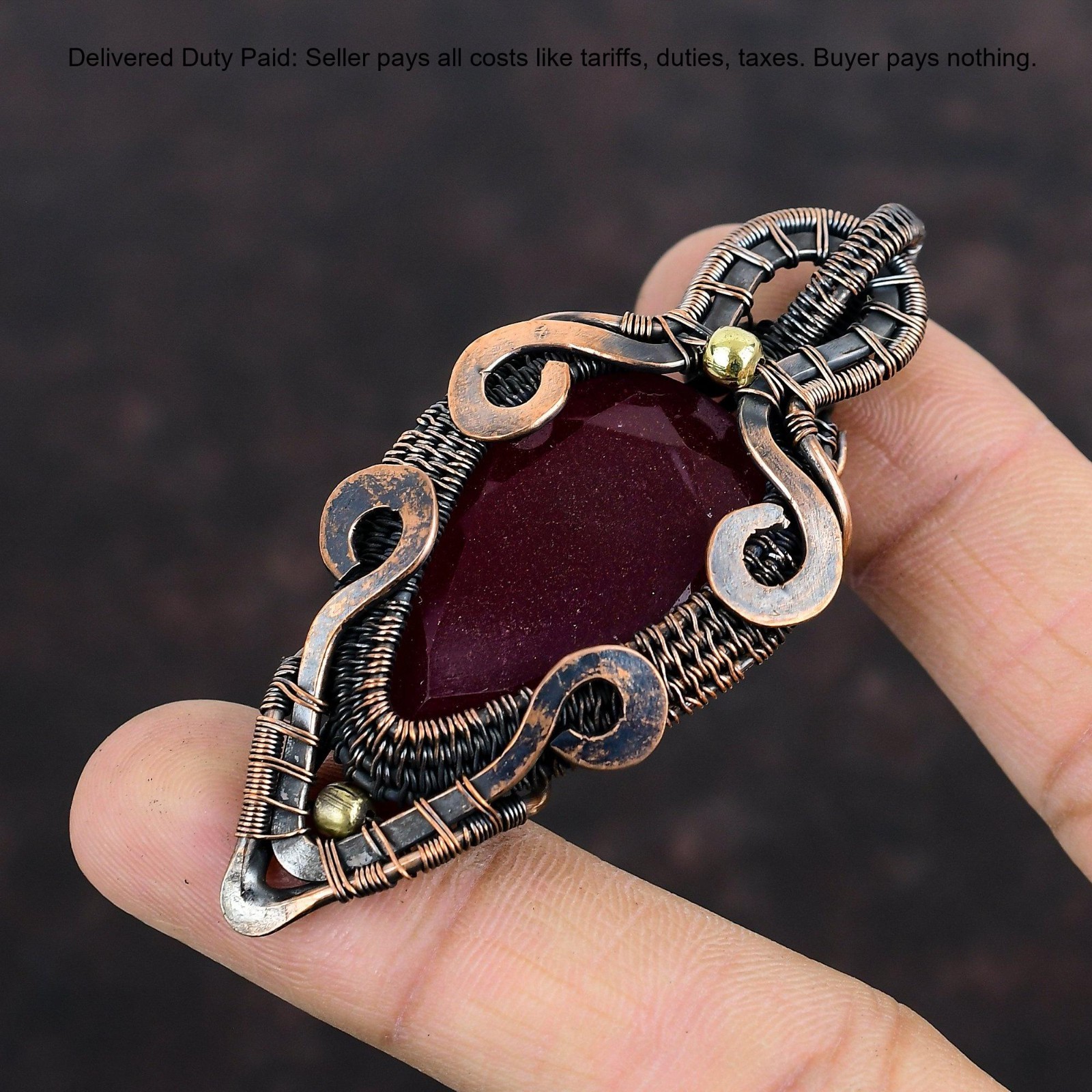 Copper Pear Kashmir Rubi Gemstone Wife Wire Wrapped Anniversary Birthday Pendant