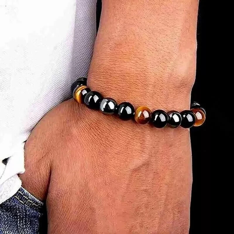 Triple Protection 10MM Bead Tiger Eye Obsidian Hematite Man’s Stretch Bracelet