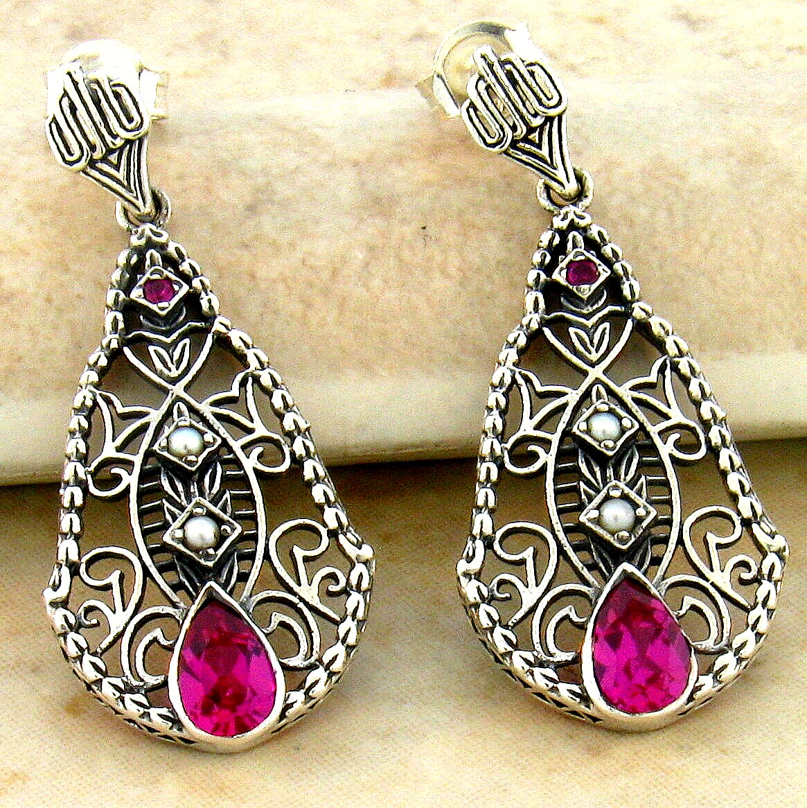 ANTIQUE STYLE 925 SILVER LAB-CREATED RUBY FILIGREE PEARL EARRINGS #213