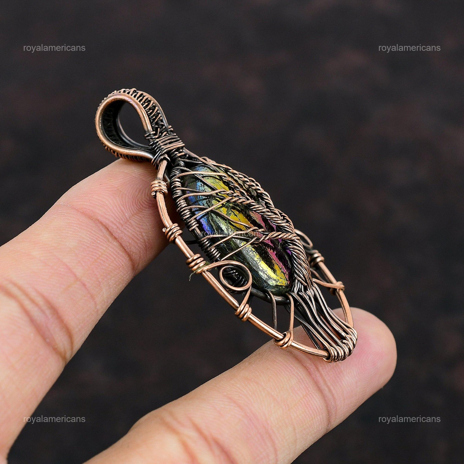 Mystic Fire Labradorite Stone Copper Mother’s Day Tree Of Life Pendant Jewelry