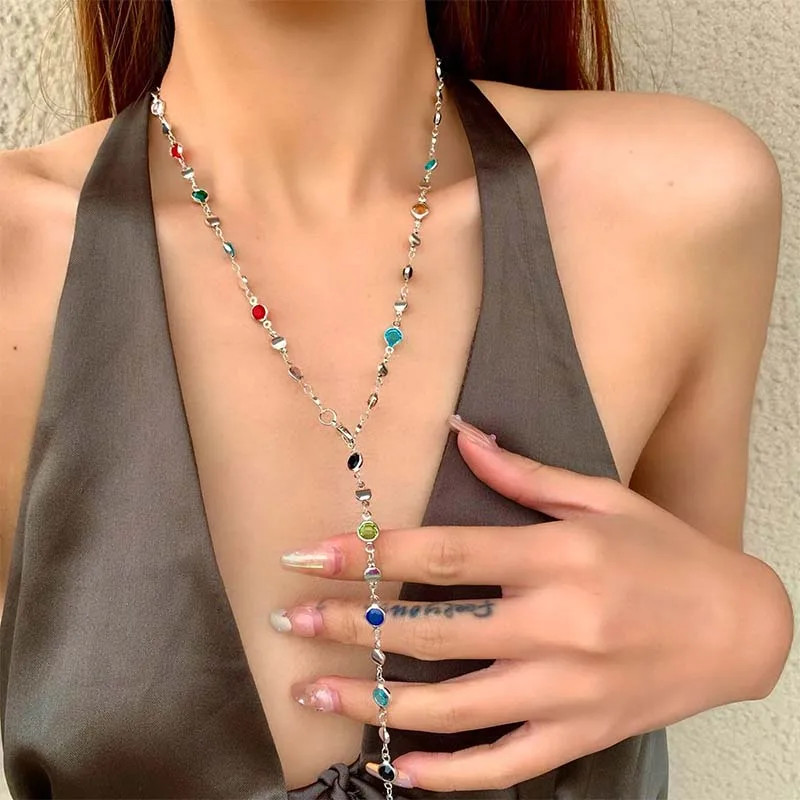 Luxury Heart Colourful Crystal Zircon Necklace for Women Shiny Rhinestone Long T