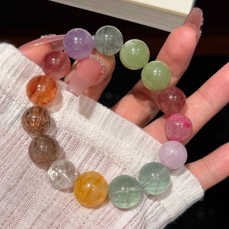 12/13mm Natural Green fluorite sprpentine jade rose quartz amethyst Bracelet