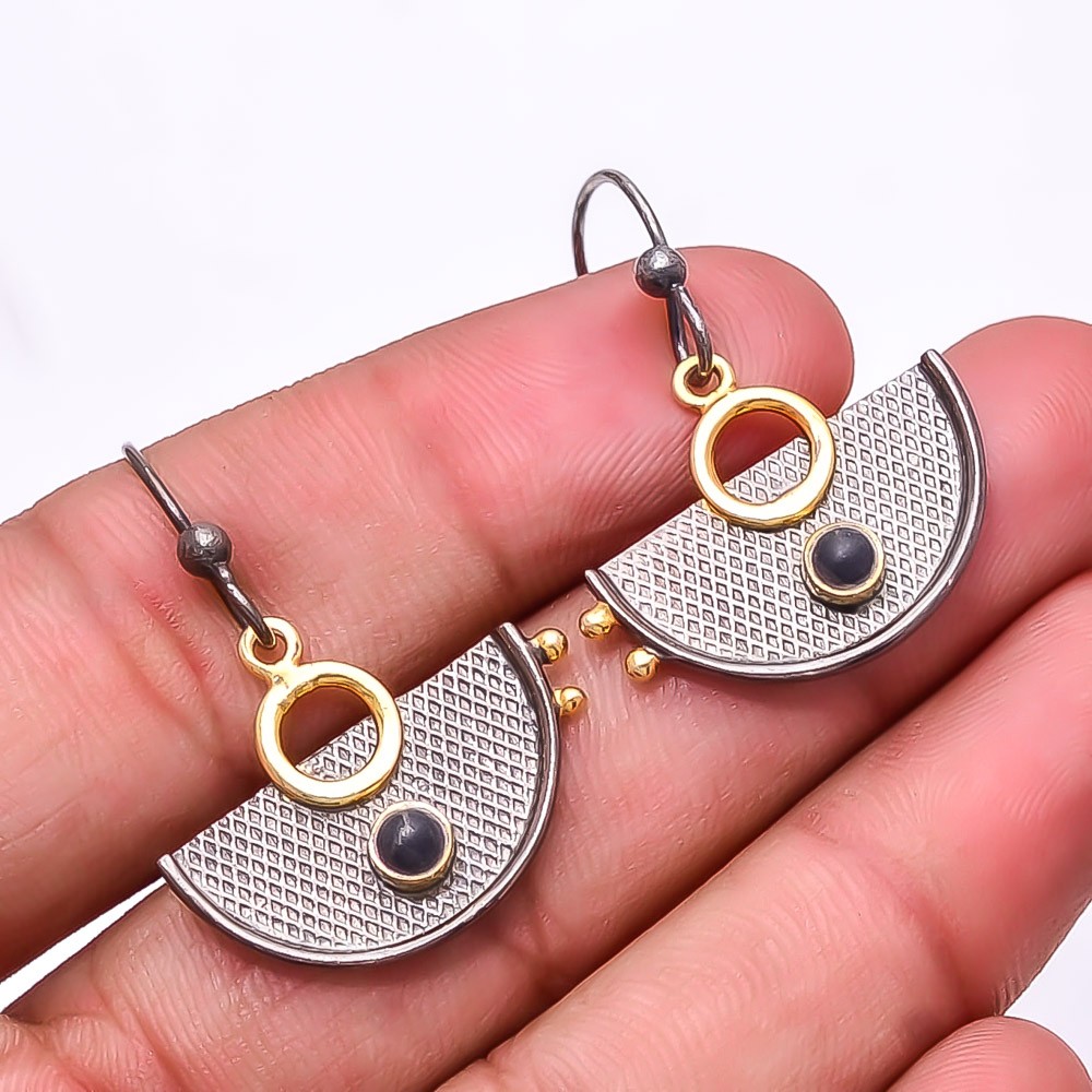 Copper Black Turquoise Gemstone 925 Silver Black&Gold Plated Earring 1.37″ E1