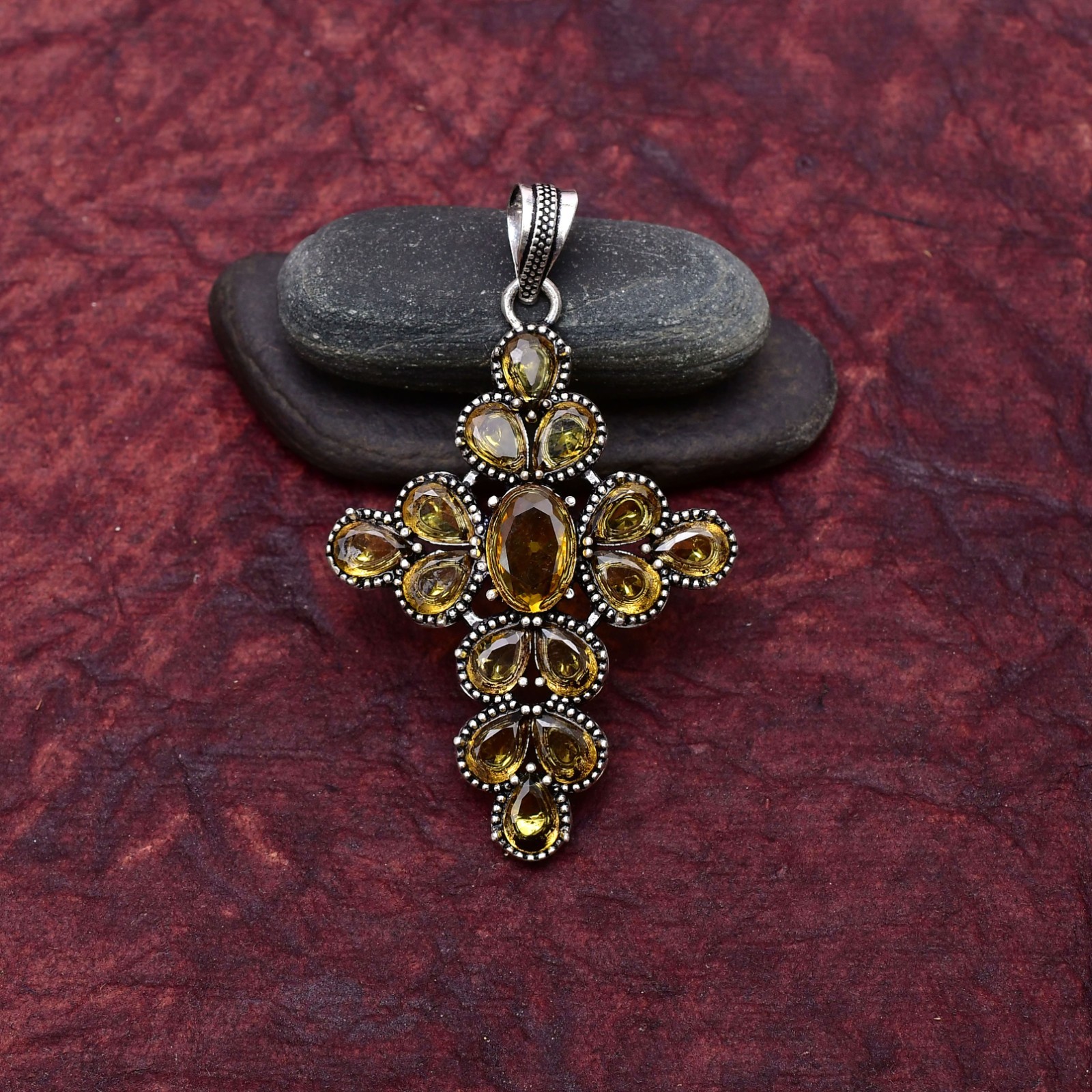 Citrine Gemstone 925 sterling silver Handmade Cross Pendant jewelry 2.75″