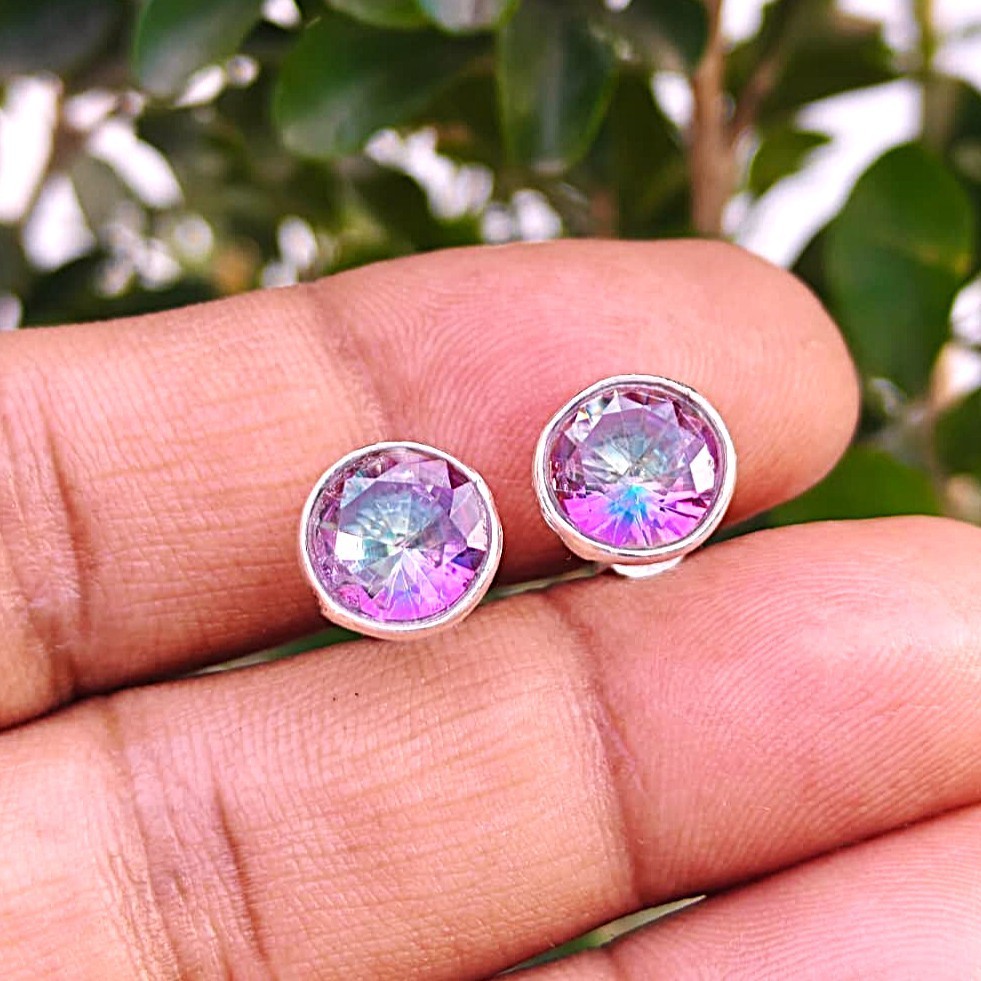 Natural Mystic Topaz Gemstone Stud Earrings, Sterling Silver, Handmade Jewelry