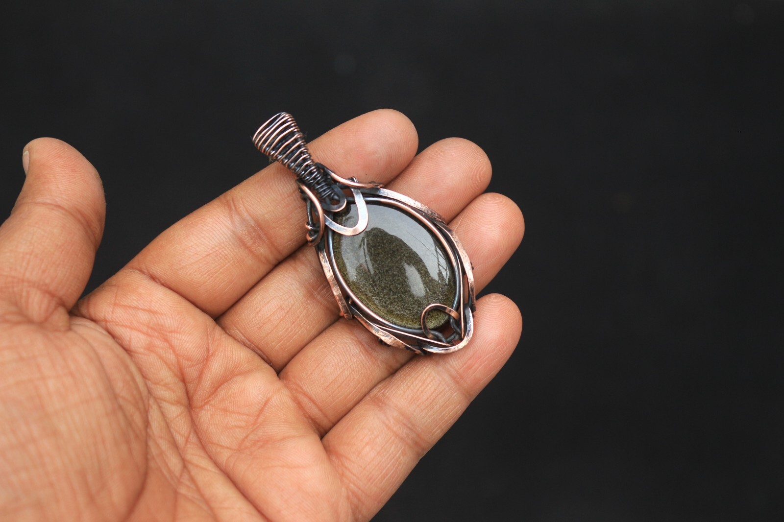 Golden Sheen Obsidian Copper Pendant Wire Wrap Gemstone fashion Jewelry N474