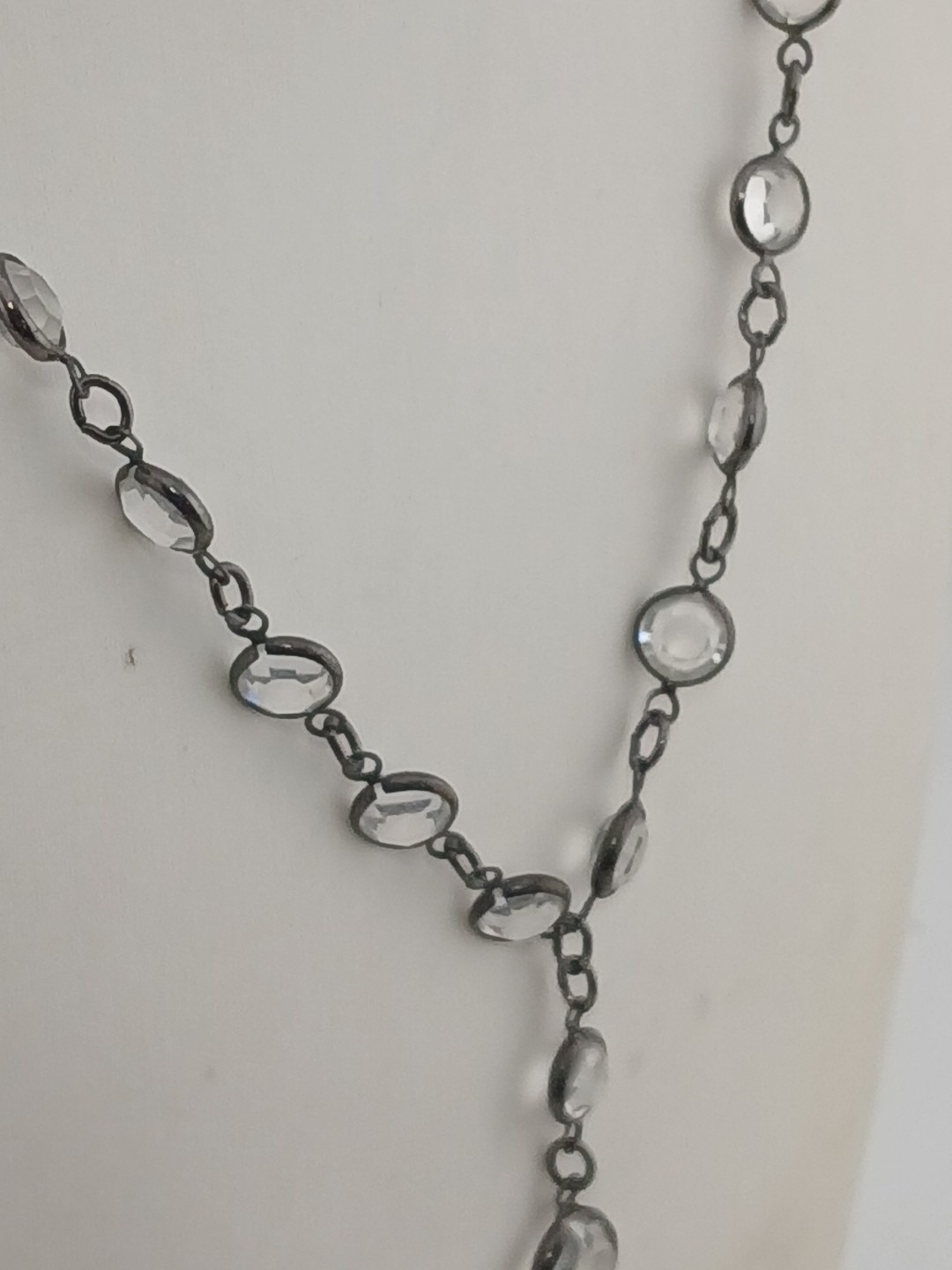 LUCY ISAACS NYC 1990 gunmetal open bezel Swarovski crystals Y Design Necklace