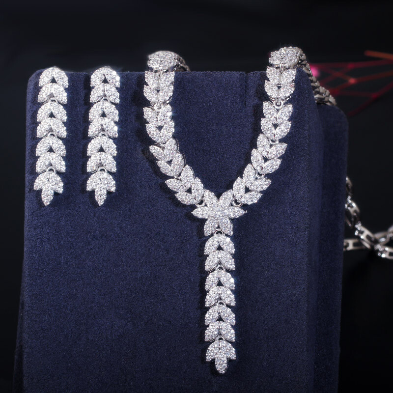 Silver Plated Leaf Necklace and Earrings Dangle Cubic Zircon Wedding Jewelry Set