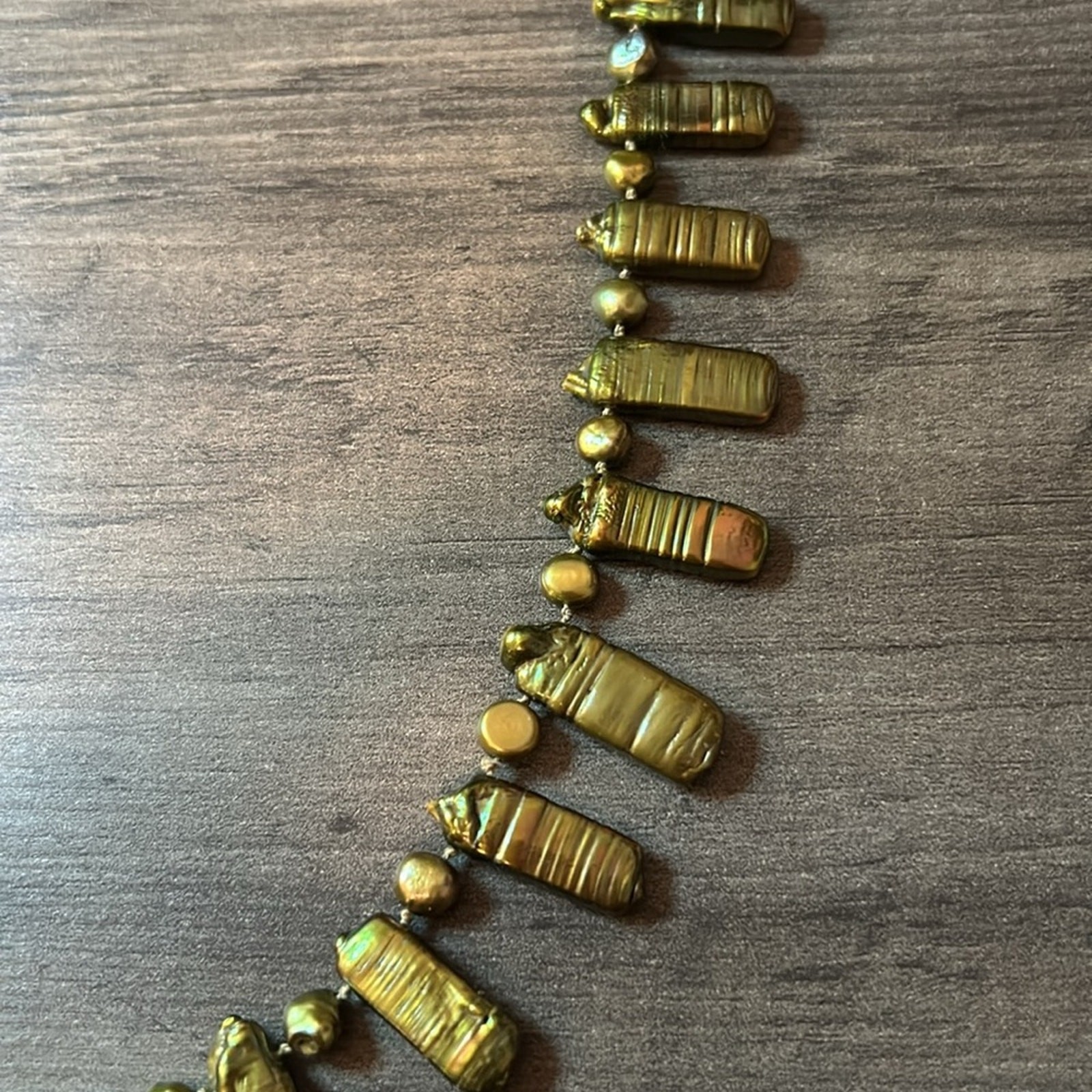 Vintage Green Stick Pearl Statement Necklace #924 hand knotted yellow-green