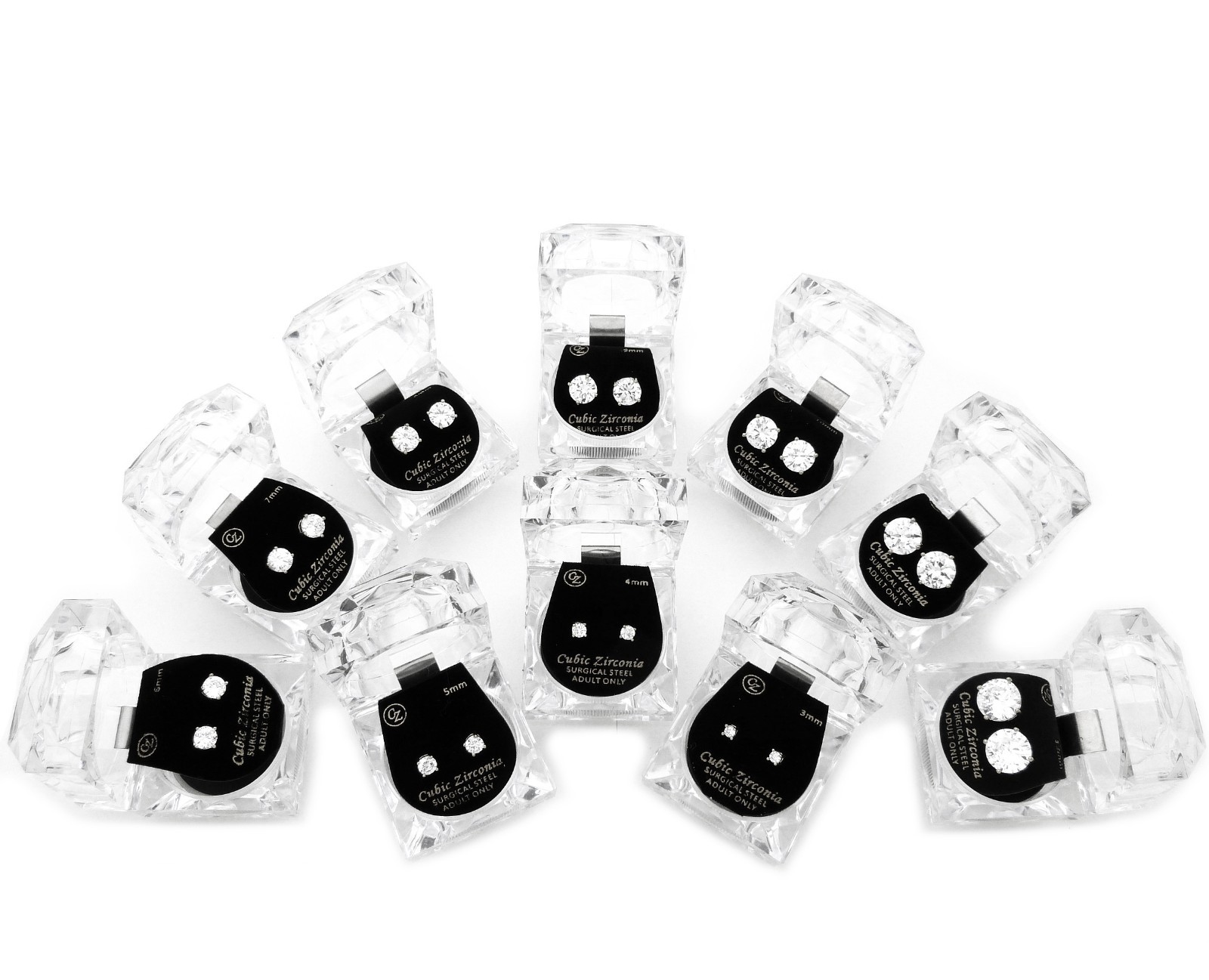 Unisex 3mm – 12mm Round Cubic Zirconia Pierced Surgical Steel Stud Earring