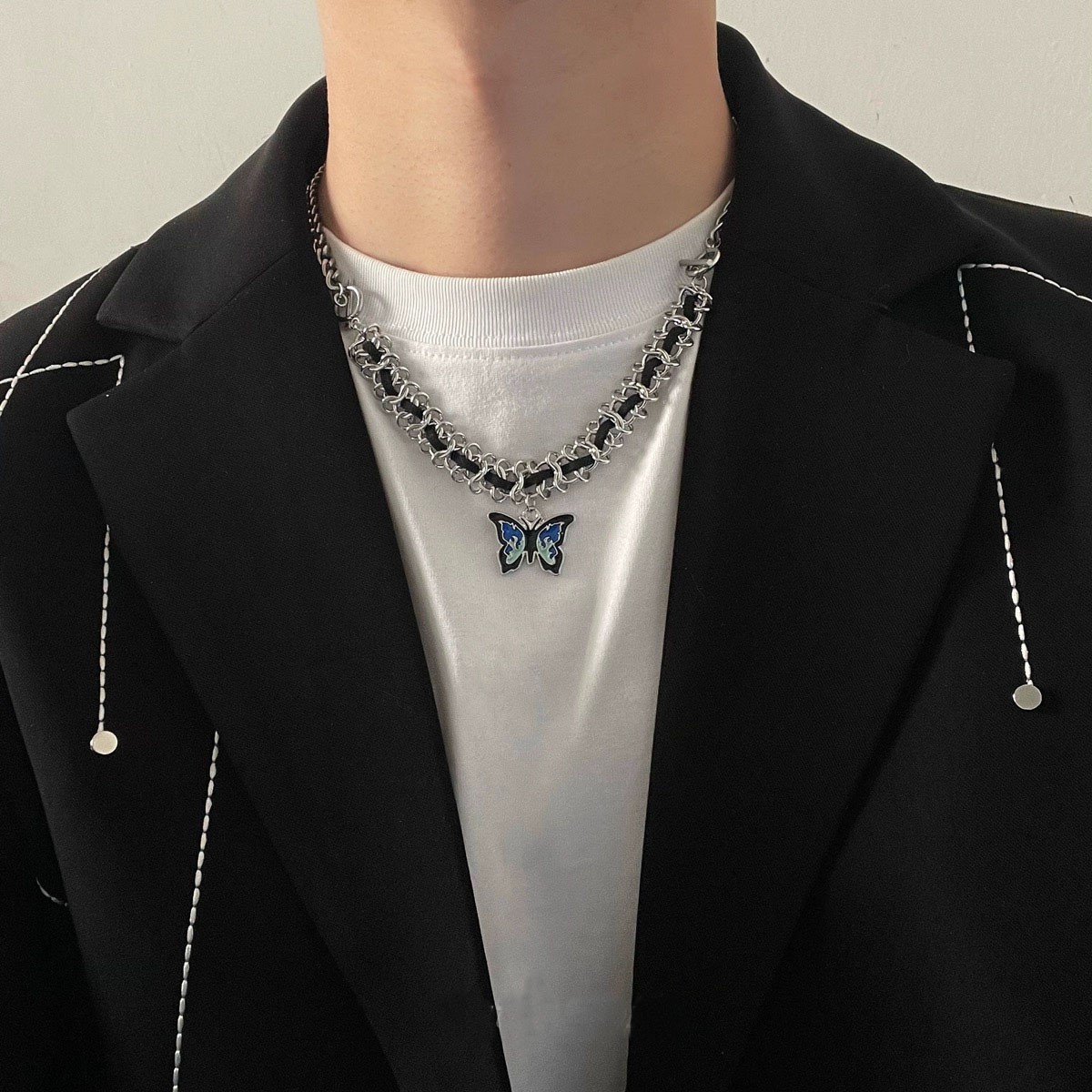 Silver Thorn Chain Butterfly Choker Necklace Blue Enamel Butterfly pJewelry