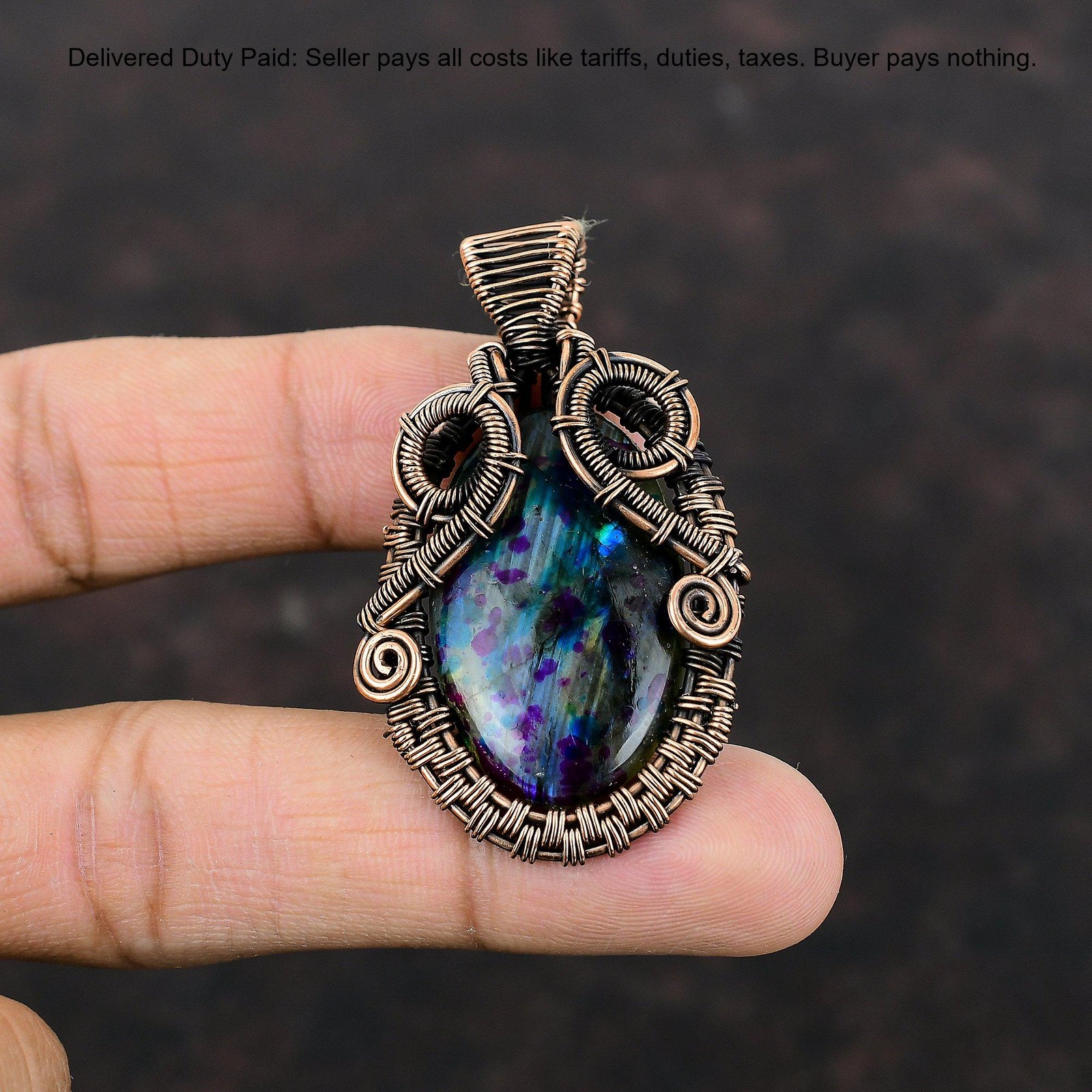 Oval Mystic Fire Labradorite Gemstone Wire Wrapped Boho Sister Pendant Copper
