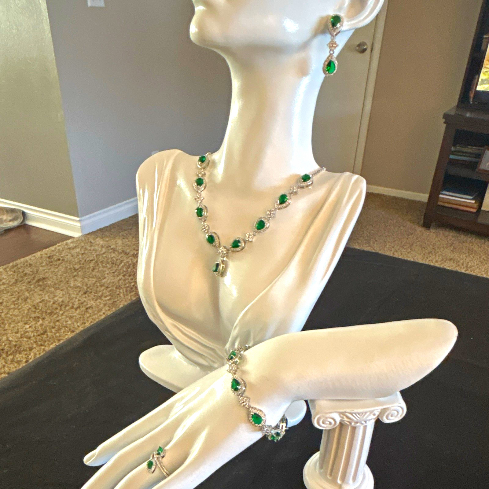 Green Teardrop Emerald Green &Clear CZ Stone Jewelry Set white gold plated.