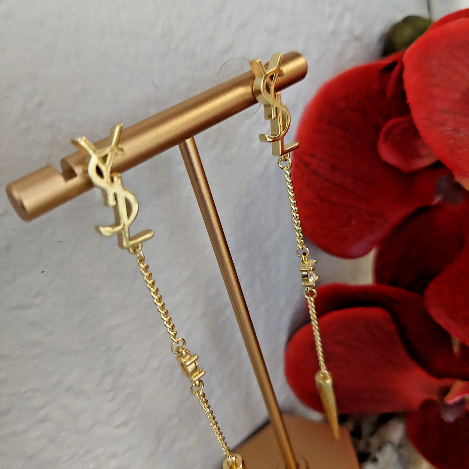 Auth YVES SAINT LAURENT YSL Crystal LOGO Long Chain Drop EARRINGS Gold T G2U