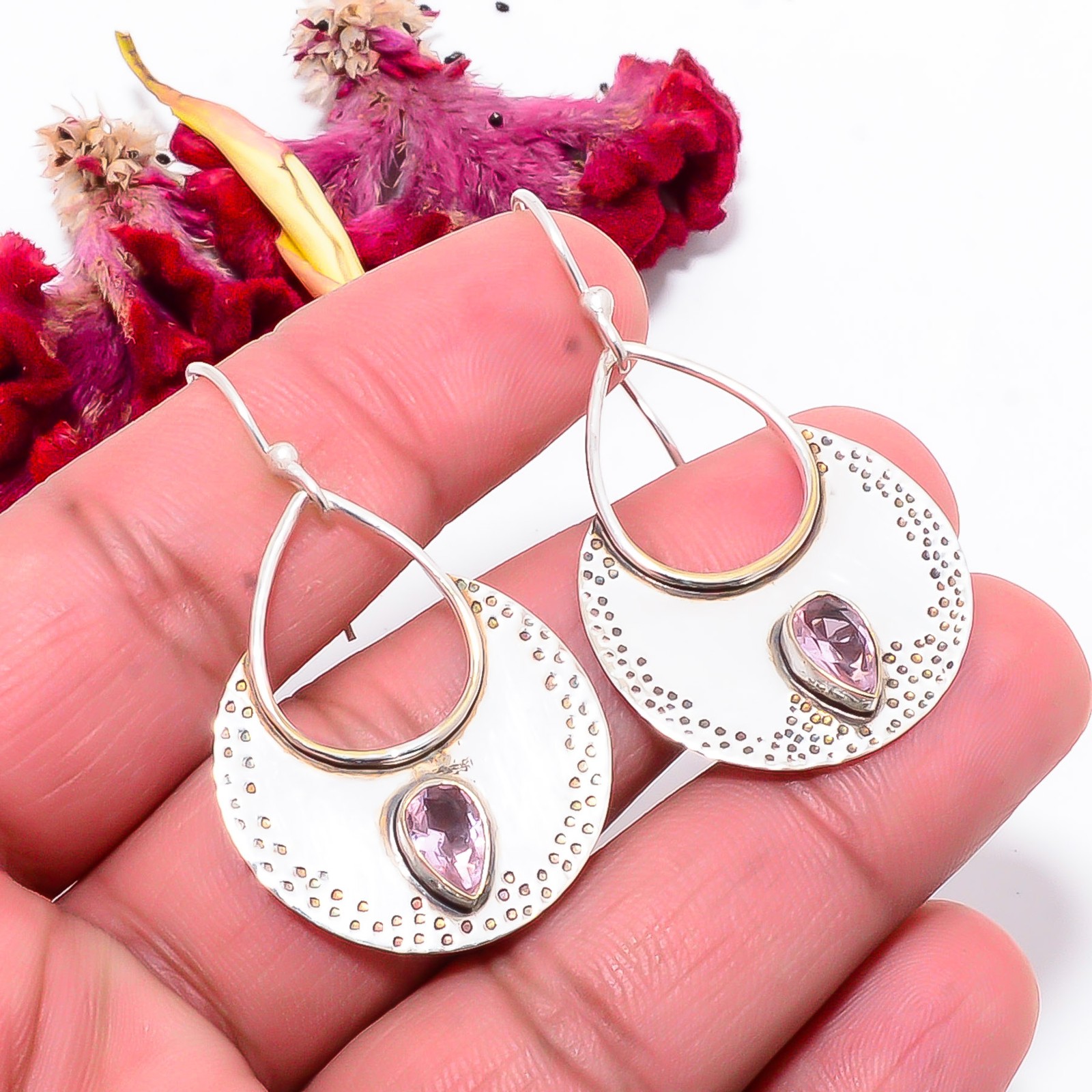 Pink Kunzite Gemstone Designer Handmade 925 Sterling Silver Earring 1.87″ Sku59