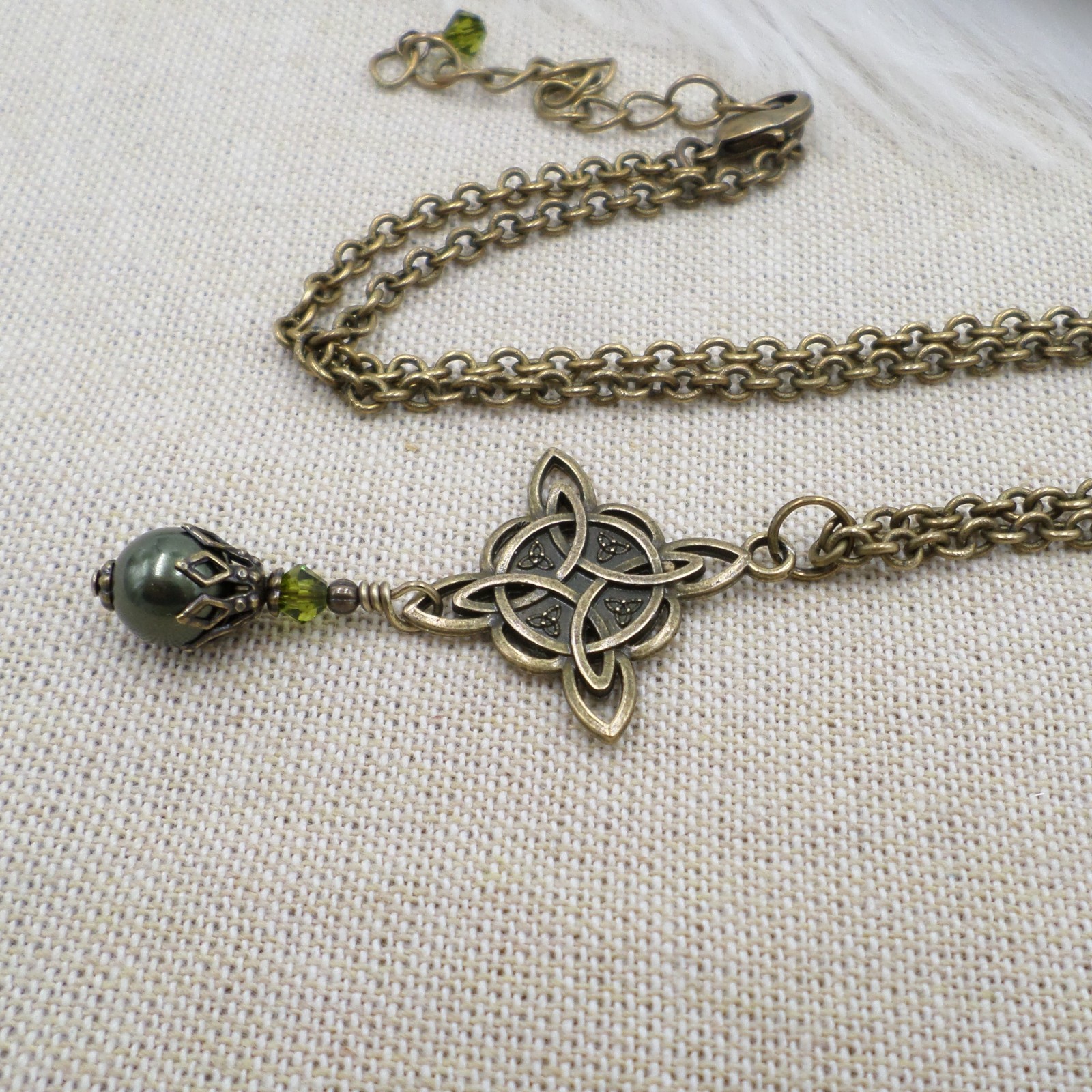 Celtic Knot Necklace, Green Bead Antique Brass Witch Knot Handmade Jewelry