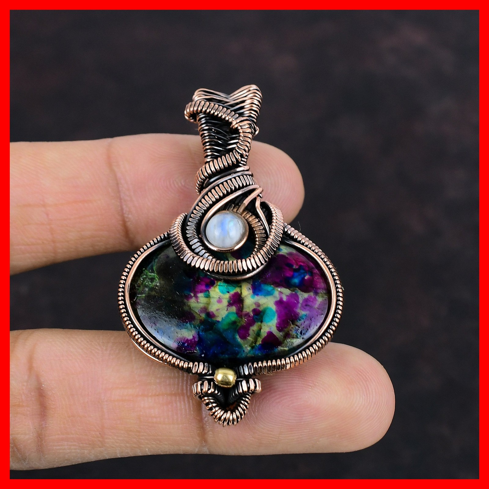 Copper Multi Fire Labradorite Gemstone Rainbow Moonstone Wire Wrapped Pendant