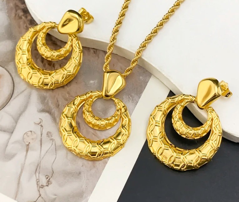 45cm African Dubai 18K Gold Plated Bridal Double Layer Earrings Pendant Necklace