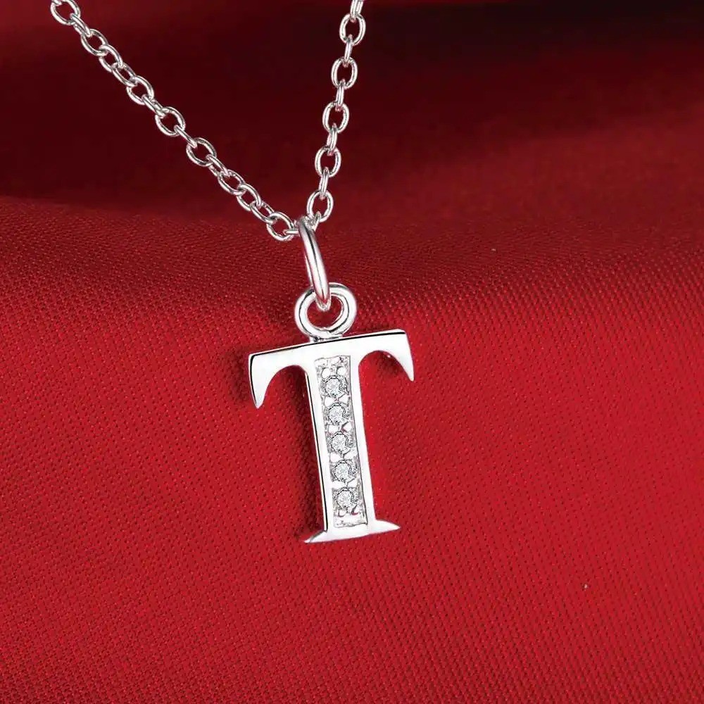 925 Sterling Silver Initial A-Z Letter Pendant Necklace CZ Personalized 18″ N162