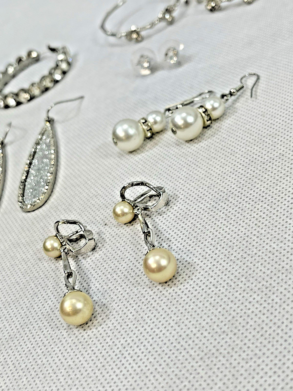 8 Pair Pierced EARRINGS LOT Faux Diamond Rhinestone Pearl Silver Tone Hoop Stud+