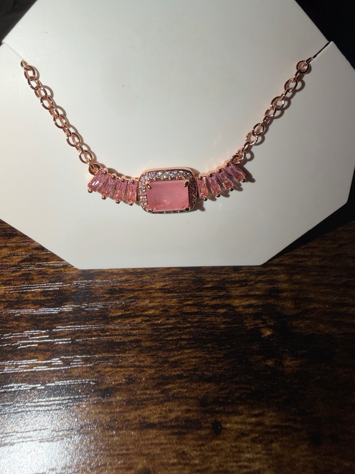 Rose Gold Plated Pink Rose Quartz & Quartz Rectangle Necklace 18″+2.5″ Extender