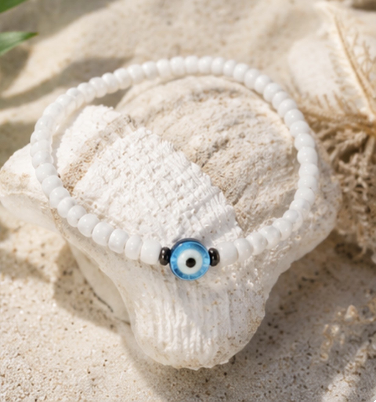 Gorgeous handmade white beaded evil eye anklet Stretchy and easy to wear