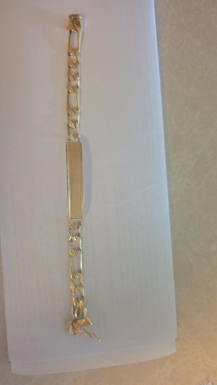 Gold Tone Figaro Chain ID Plate Bracelet, Lobster Clasp, Signed, 12 in