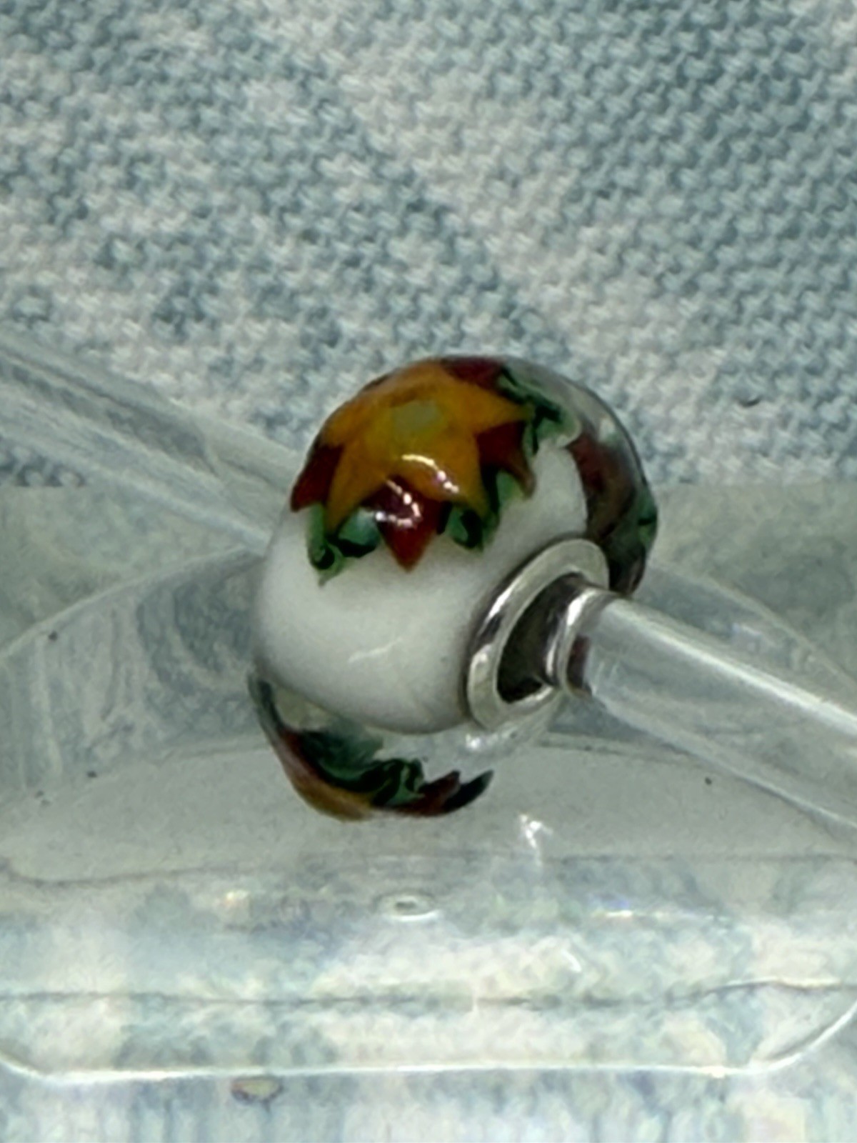 Authentic Trollbeads OOAK Yellow Star Flowers & Green on White CC, New (117)