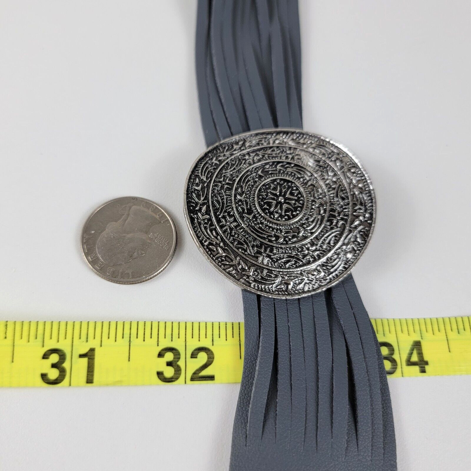Gunmetal Tone Medallion Charm Gray Leather Cuff Bracelet 7.5-8.5 In